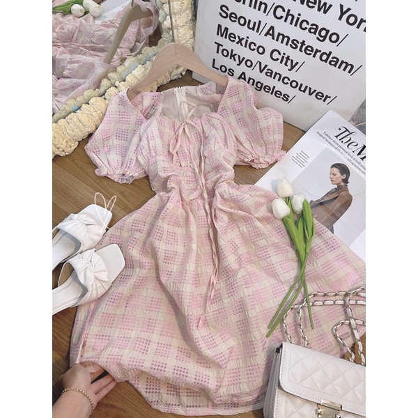 💥CÓ SẴN💥 Đầm carro hồng nhíu ngực công chúa kute ♥️ẢNH THẬT♥️