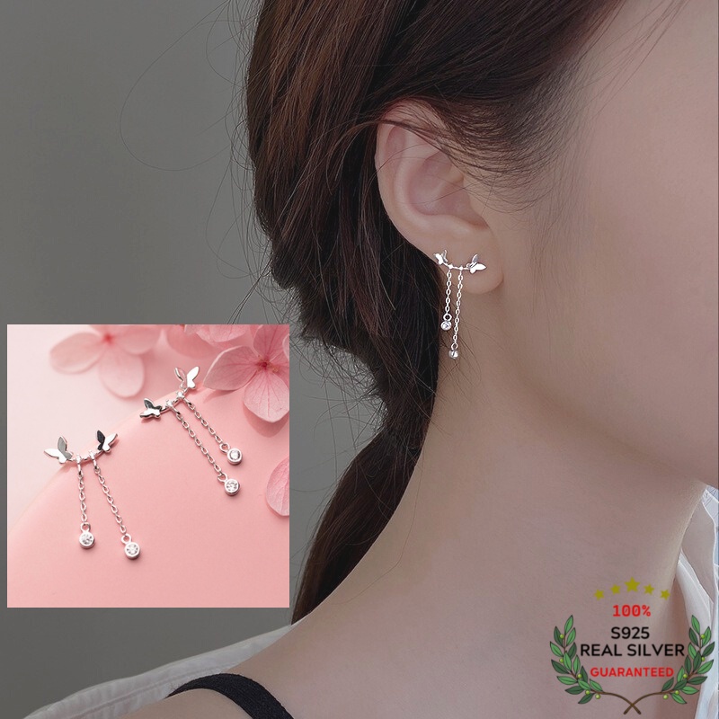 Bông Tai Bạc S925 Butterfly Tua Rua Xinh Xắn | Khuyên Tai Nữ Trang Sức Bạc Thời Trang
