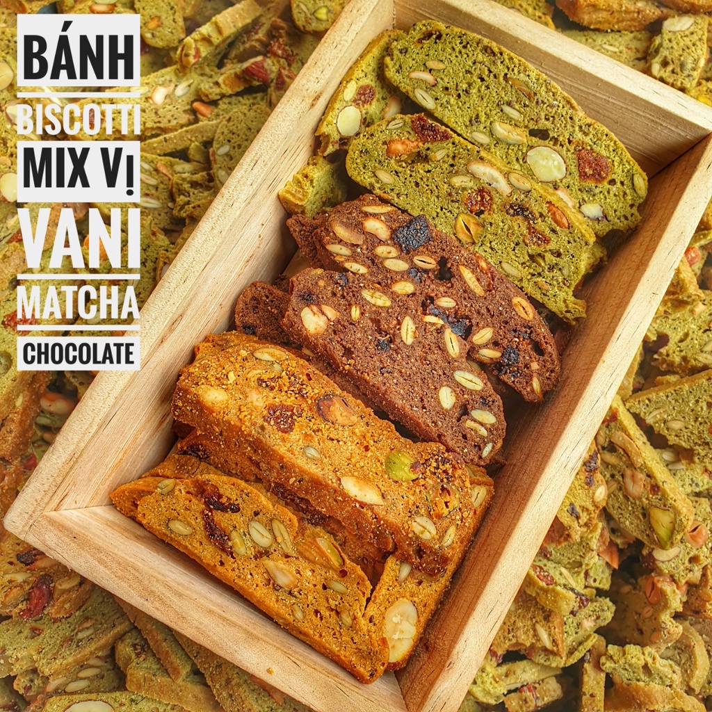 Bánh Biscotti Nguyên Cám Ngủ Cốc Mix Vani, Chocolate &amp; Trà Xanh - Lon 320gr