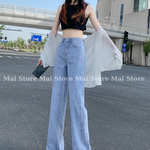 Quần jeans ống suông đen khói xanh cạp cao siêu hack chân siêu tôn dáng MaiStore | BigBuy360 - bigbuy360.vn