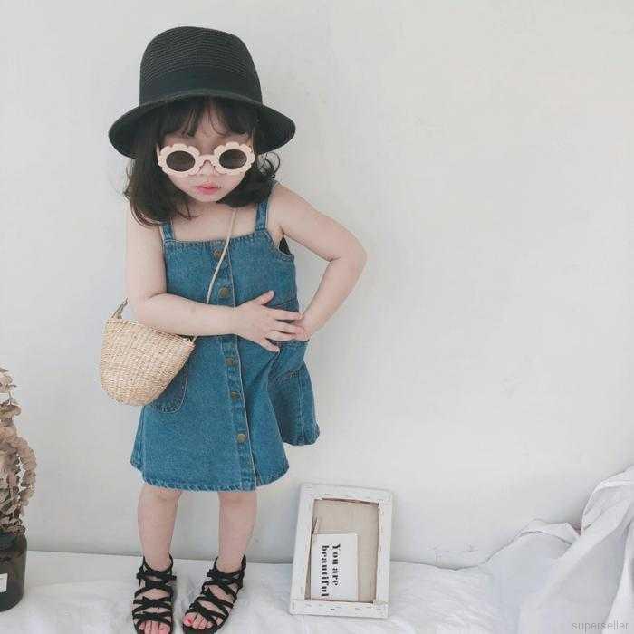 Đầm yếm denim màu trơn thời trang mùa hè cho bé gái