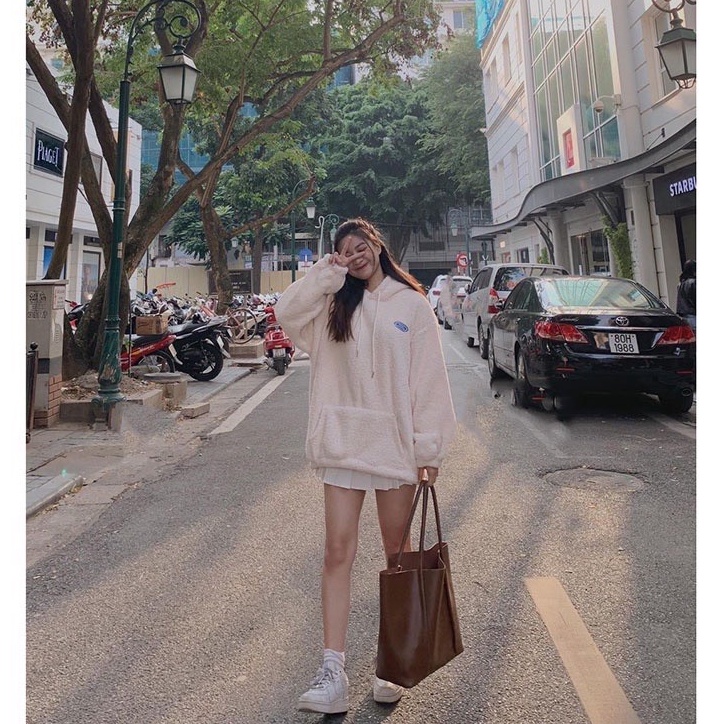 (Ảnh thật) Áo hoodie lông cừu thêu logo nhỏ có mũ Free size