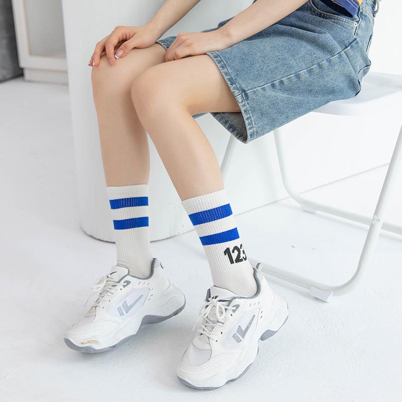 Tất vớ số 123 kẻ ngang cao cổ unisex phong cách thể thao mix đồ siêu xinh