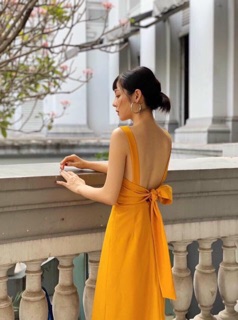 Đầm maxi, váy hai dây màu vàng nghệ nơ sau (kèm hình thật)