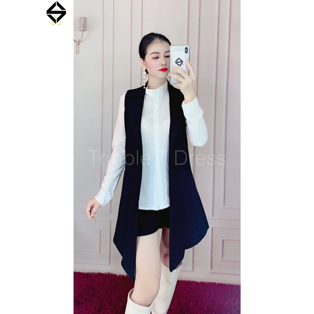 Sét vest 3 món áo sơ mi voan tay dài + sort và khoác gile như hình TRIPBLE TDRESS - size M/L/XL