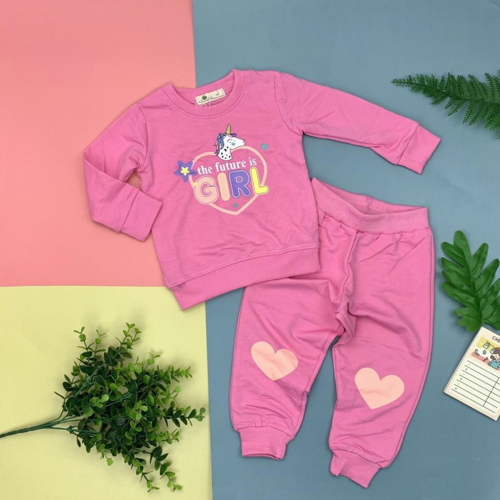 Bộ nỉ da cá bé gái hình Pony Girl size 1-8T (cho bạn 10-25kg). Chất nỉ da cá đanh chất, đẹp bền
