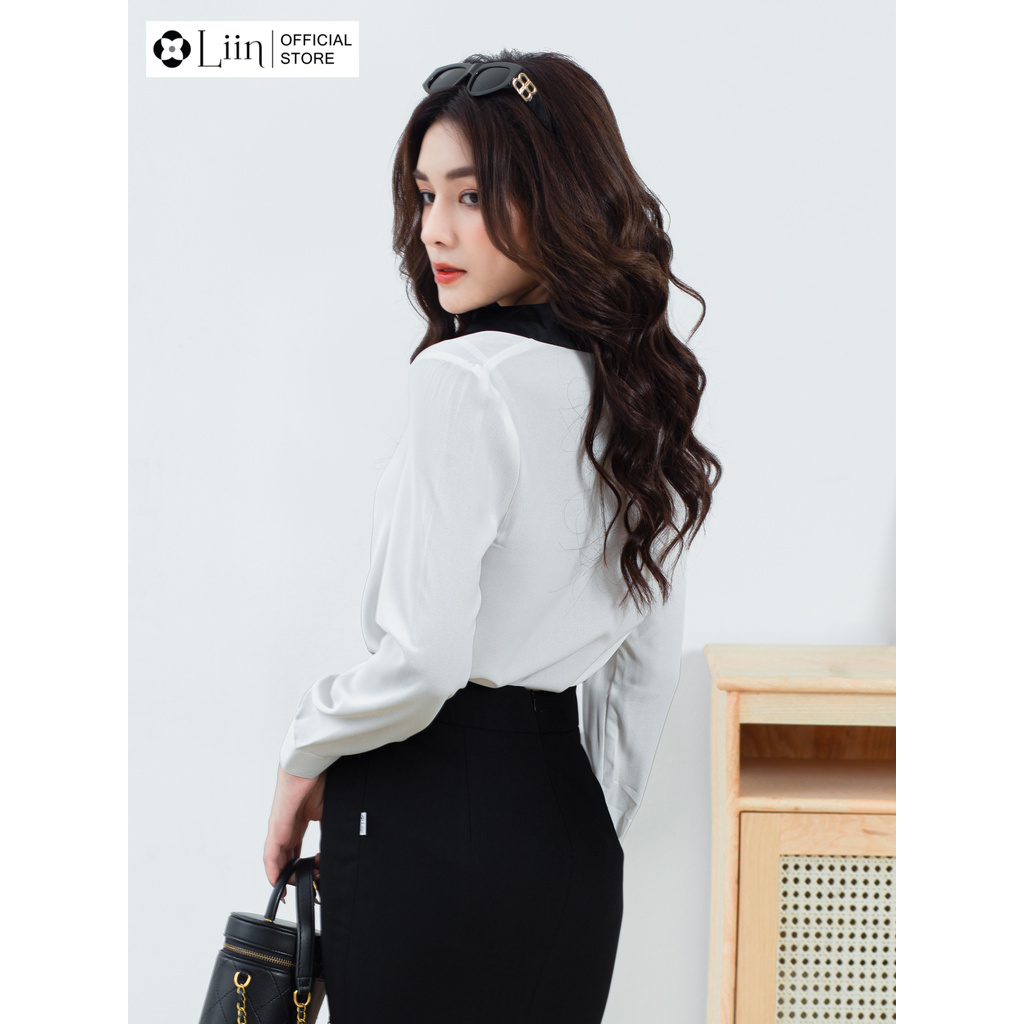 Áo sơ mi nữ đẹp màu Trắng viền đen, chất lụa thoáng mát Liin Clothing SM3173