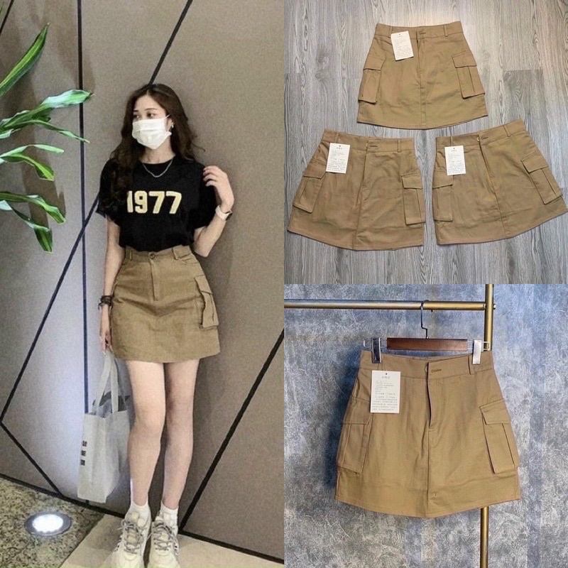 Chân váy kaki lưng cao thiết kế túi hộp 2 bên có quần trong chống lộ