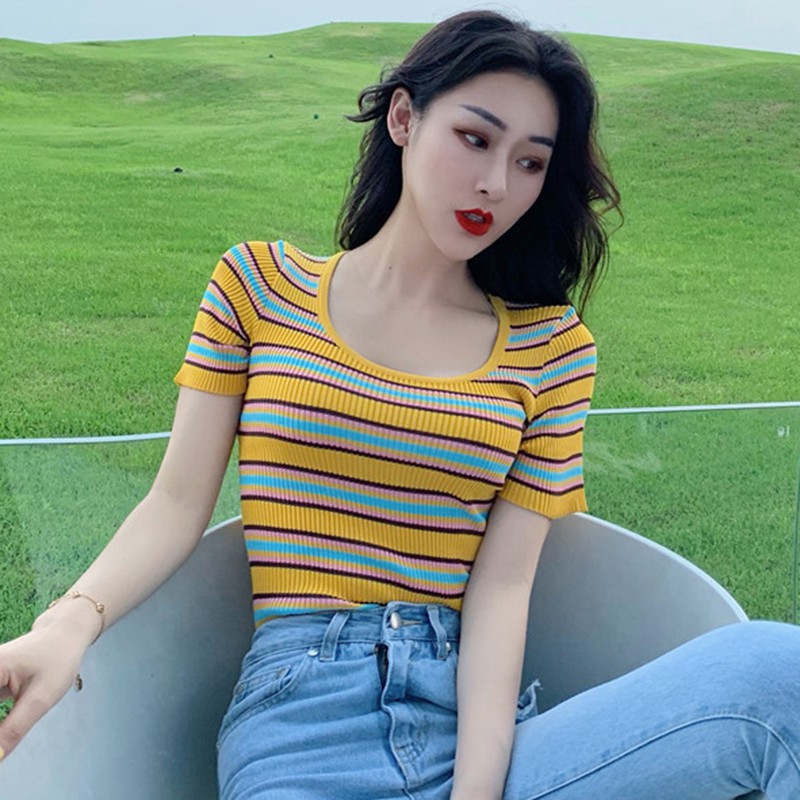 Korean U-neck Color Striped Short Knit Short-Sleeved T-shirt