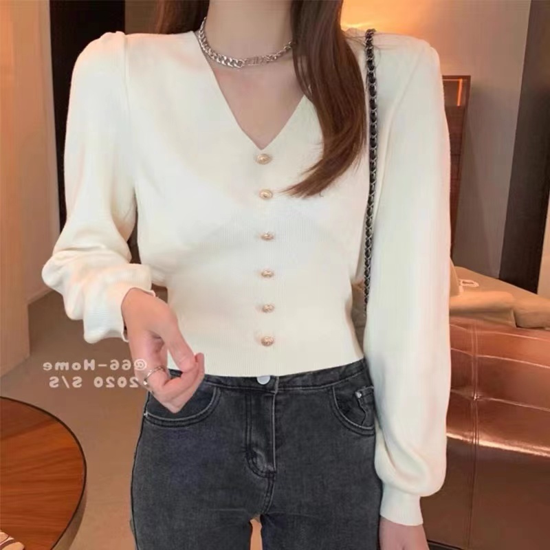 Áo Croptop Dệt Kim Tay Dài Cổ Chữ V Thiết Kế Mới Thời Trang Mùa Thu Đông Dành Cho Nữ