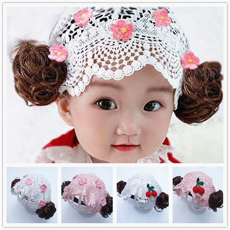 Mũ Trùm Đầu Bảo Vệ Tai Phối Tóc Giả Ren Hoa Xinh Xắn Cho Bé Gái