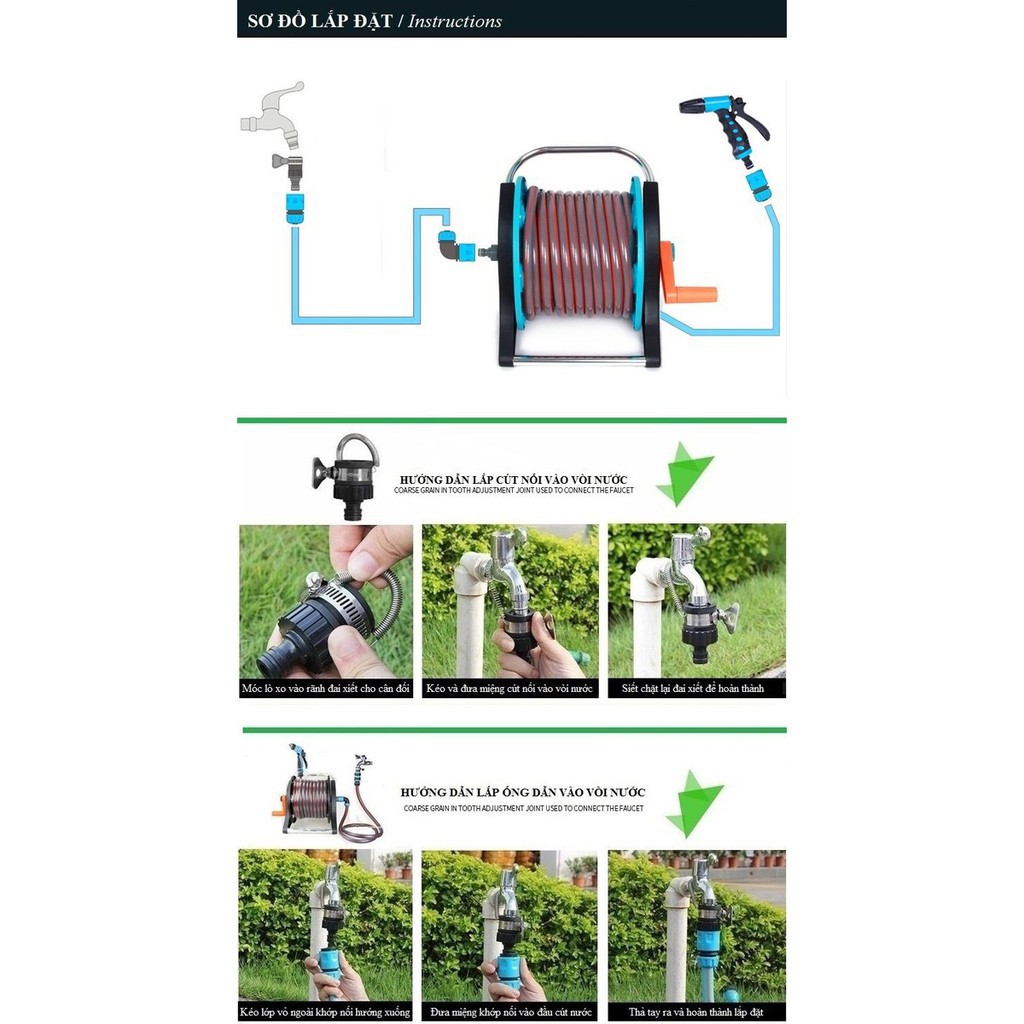 Bộ Cuộn Ống Tưới, Bộ Khung Lô Cuốn Dây Tưới Đa Năng, Tiện Lợi - Vòi tăng áp - Vòi nước ống cuốn rửa xe, tưới cây