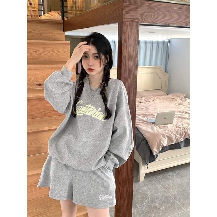 Bộ Dài Tay Kẻ 1 Sọc Vege PEONYB Unisex [FREESHIP]  Set đồ quần short đùi kèm thun sweater in hình vintage hàn quốc