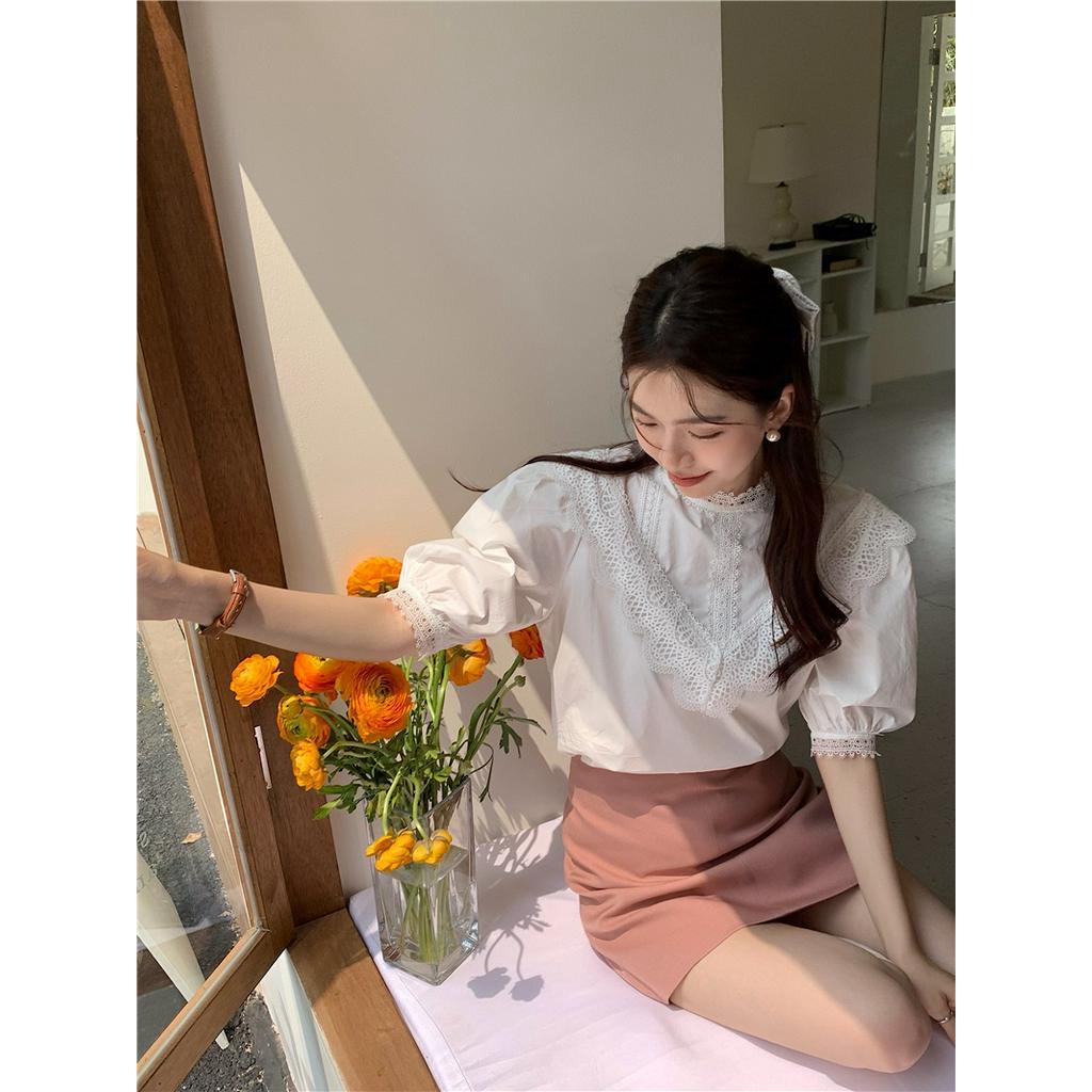 Áo Sơ Mi Trơn Cổ Đứng Ngắn Tay Phối Ren Cỡ Nhỏ Thời Trang Sành Điệu 62321