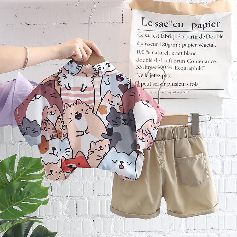 Set Áo Thun Tay Ngắn In Hình Mèo Hoạt Hình + Quần Short Cotton Thời Trang Mùa Hè Cho Bé Size 80-120cm