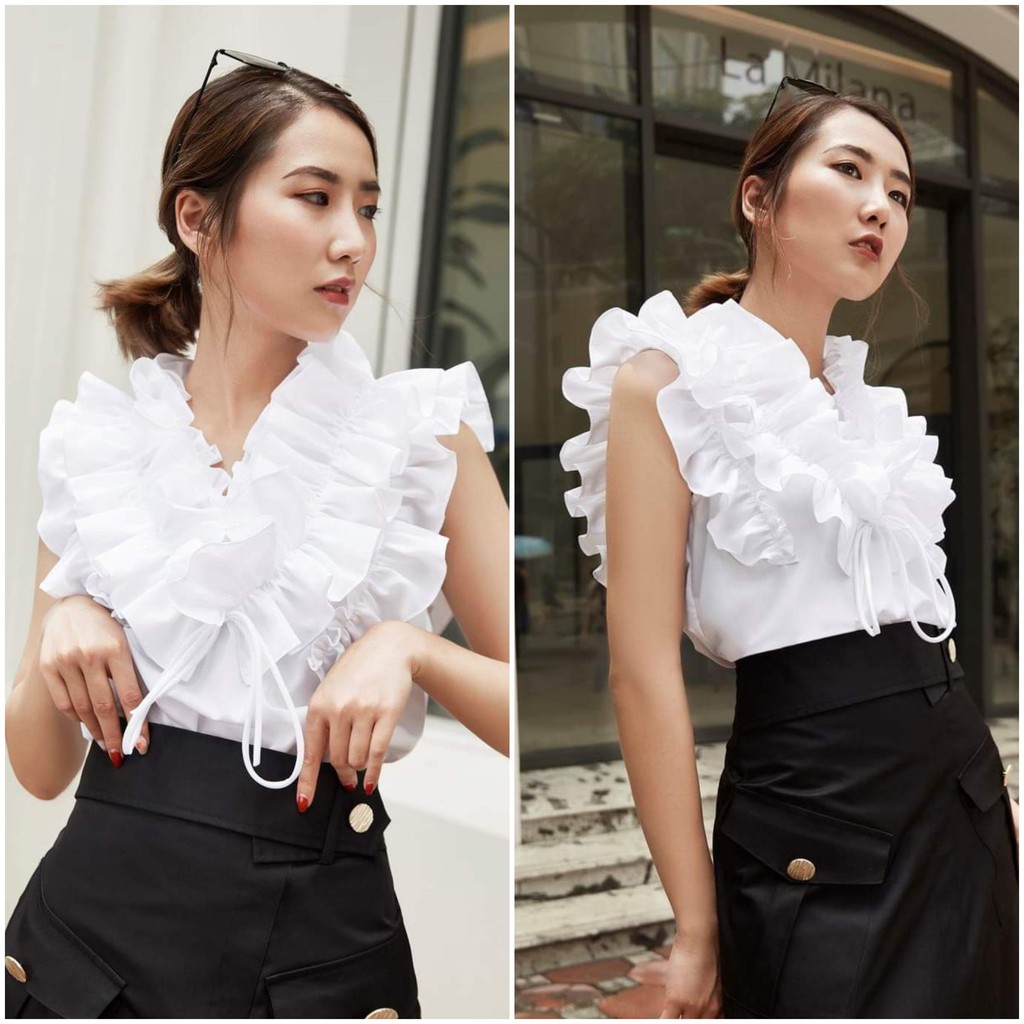 Áo trắng cổ V, bèo dập ly sang chảnh