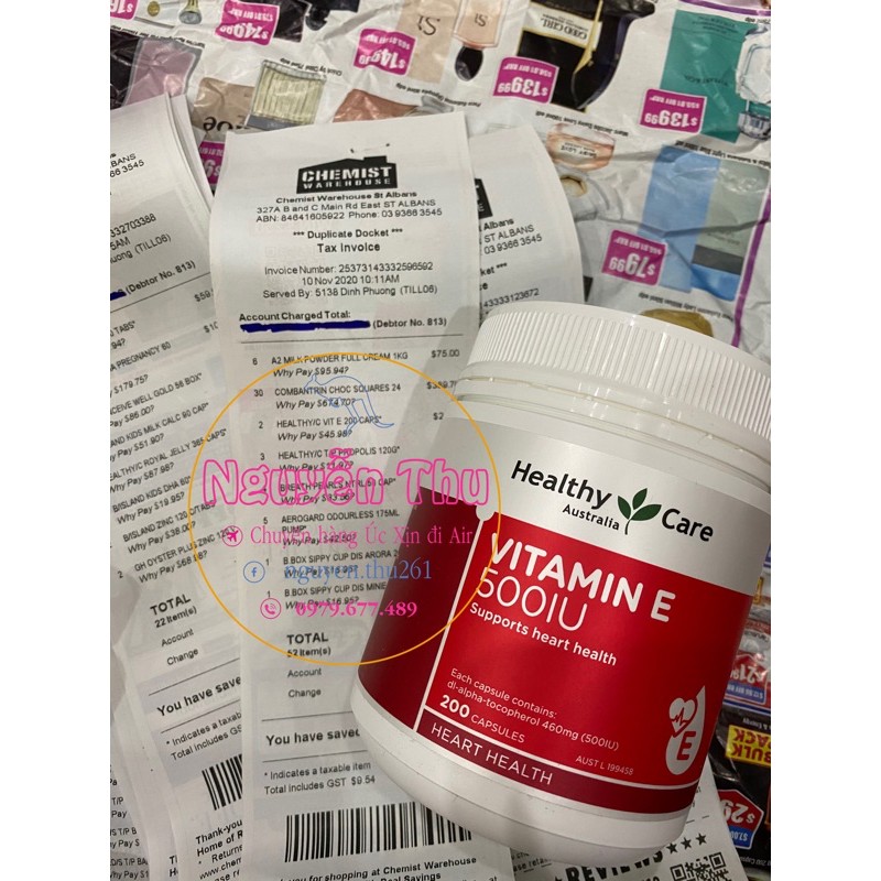 (Mẫu mới nhất) Vitamin E 500IU Healthy care Úc 200 viên- Đủ bill