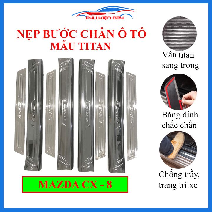 Bộ ốp bậc cửa trong ngoài nẹp bước chân Mazda CX8 vân Titan chống trầy trang trí xe