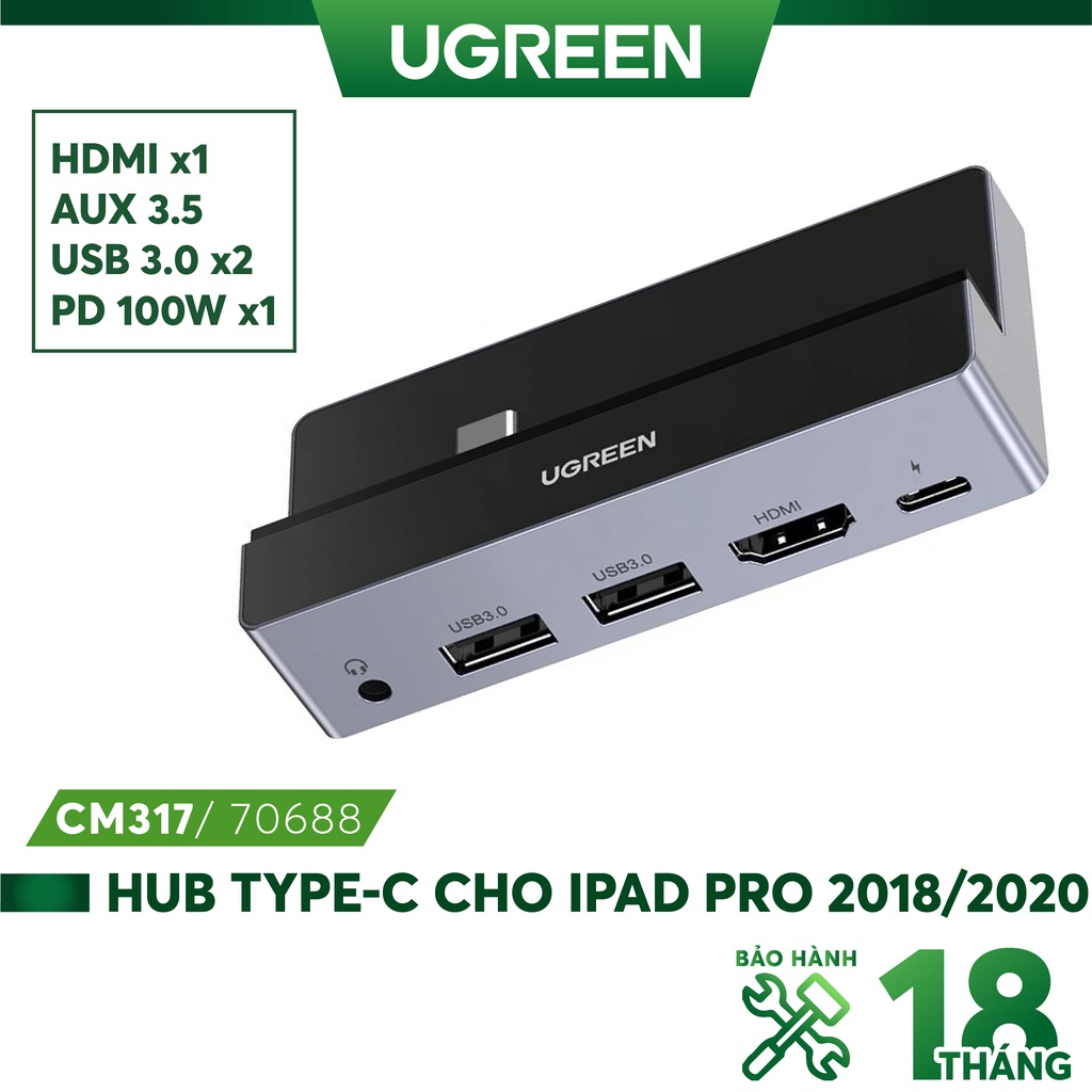 Bộ hub chuyển đổi USB type C UGREEN CM317 70688 cho iPad Pro 2018 2020 - 3.5mm / HDMI / 2 USB 3.0