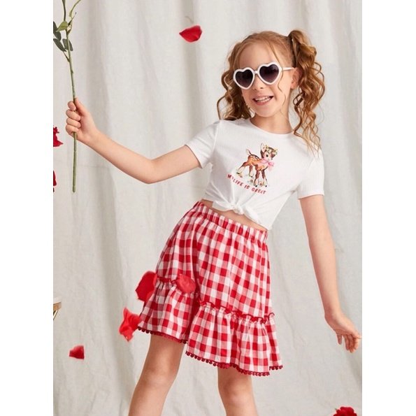 Sét chân váy áo thun len tăm hoạ tiết nai cho bé gái