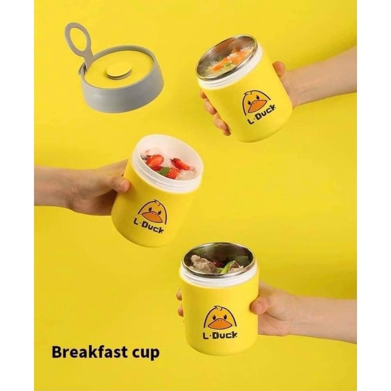 Bình ủ Cháo Thiết Kế Dạng Cốc Hình Vịt Vàng Thép Không Gỉ 450ml