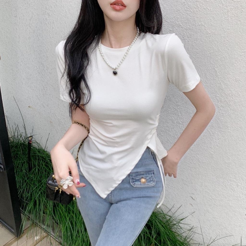 Áo kiểu nữ tay ngắn from dài Xquin, áo croptop nữ vạt nhọn rút dây 1 bên chất thun gân mềm mịn
