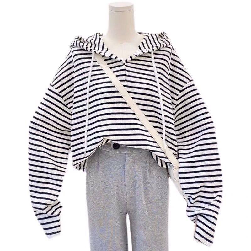 Áo Khoác Hoodie Dáng Rộng Họa Tiết Kẻ Sọc Phong Cách Preppy Thời Trang Xuân Thu Năm Mới Cho Nữ