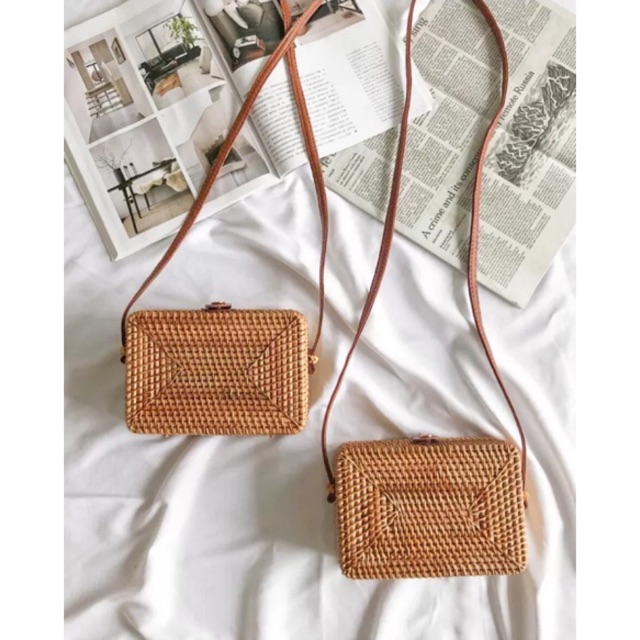 Túi Cói Hộp Chữ Nhật Đan Xiên Mây Tre Vintage