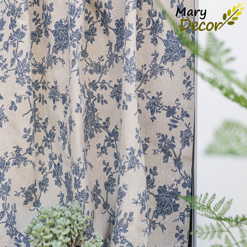 Rèm vải bố vintage hoa xanh độc đáo trang trí decor R-B01