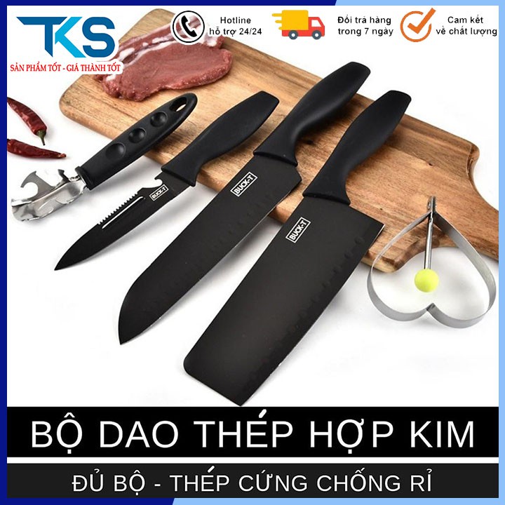 Bộ dao 5 món làm bếp đa năng thép hợp kim không gỉ cao cấp - Màu Đen