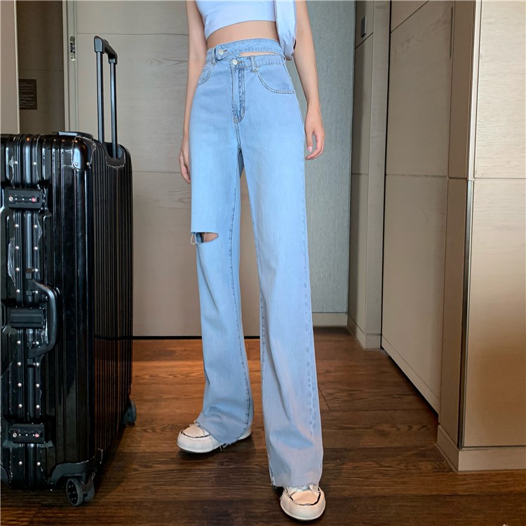 Quần Jean Dài Lưng Cao Phối Rách Kiểu Retro Hàn Quốc Cá Tính Cho Nữ | BigBuy360 - bigbuy360.vn
