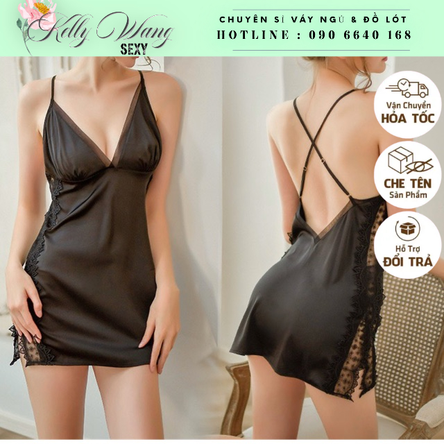 ❤ sx848 váy ngủ lụa phối ren (có mút ngực ) -đầm ngủ sexy cao cấp-KELLYWANG