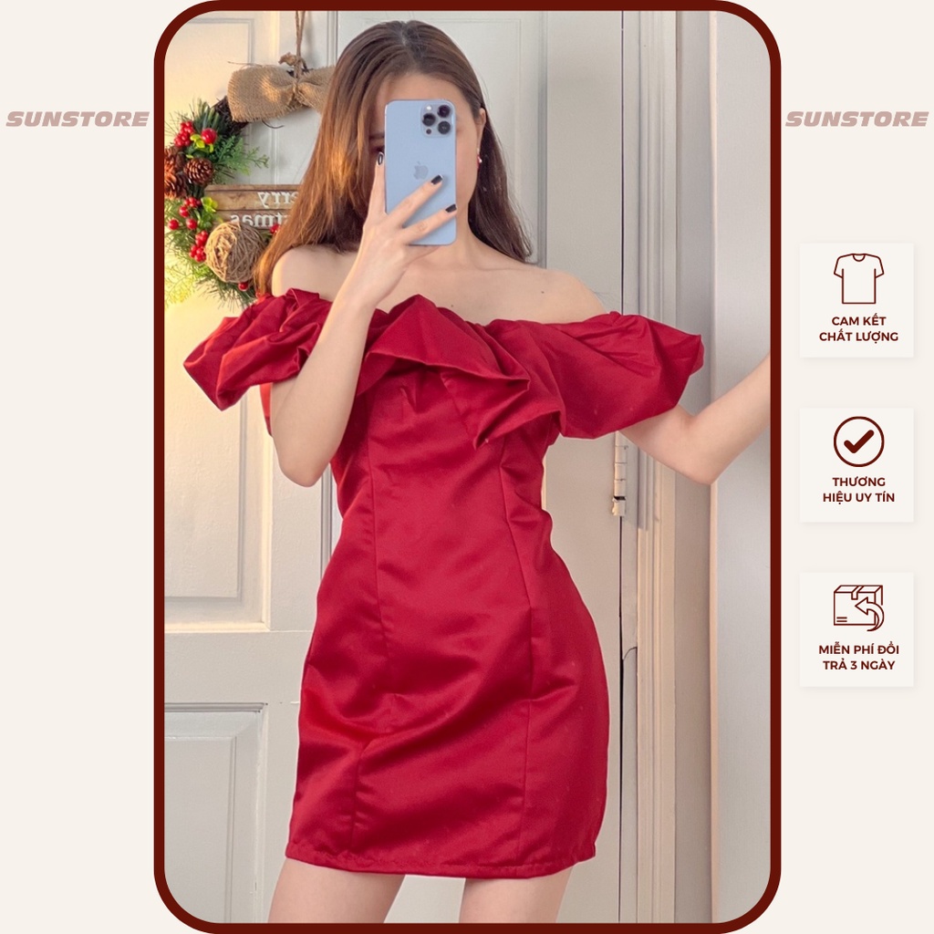 Đầm dự tiệc trễ vai dáng ngắn mini váy bút chì không tay bèo phồng màu đỏ