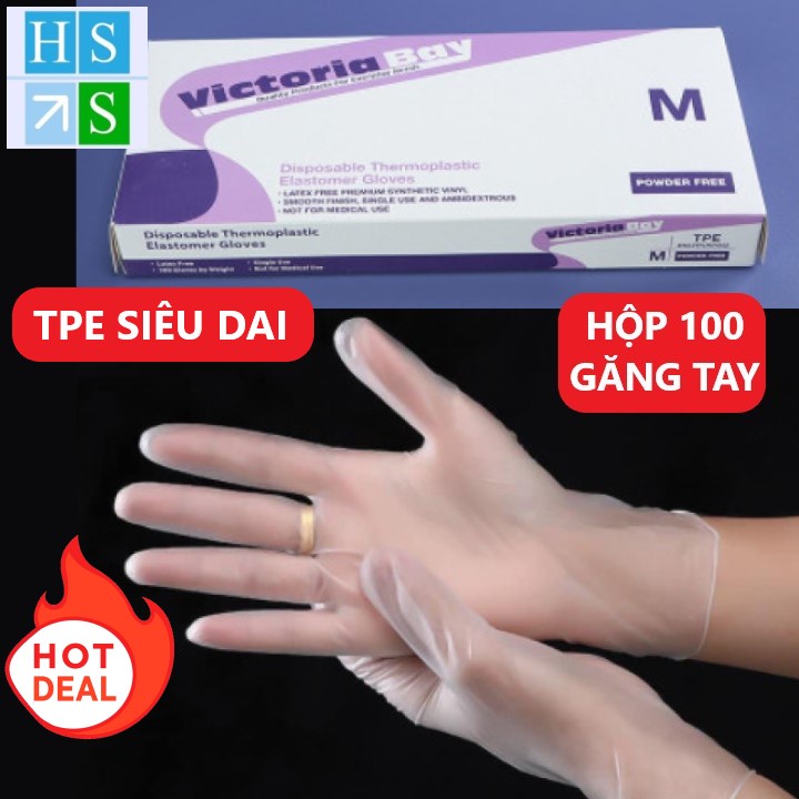 Hộp 100 Găng tay cao su VictoriaBay làm bếp vệ sinh siêu dai chất liệu TPE không mùi (Đủ SIZE : L-M-S) - HS Shop Thủ Đức