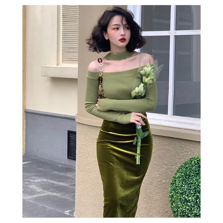 Áo dệt kim tay dài trễ vai dáng ôm thời trang mùa thu quyến rũ dành cho nữ