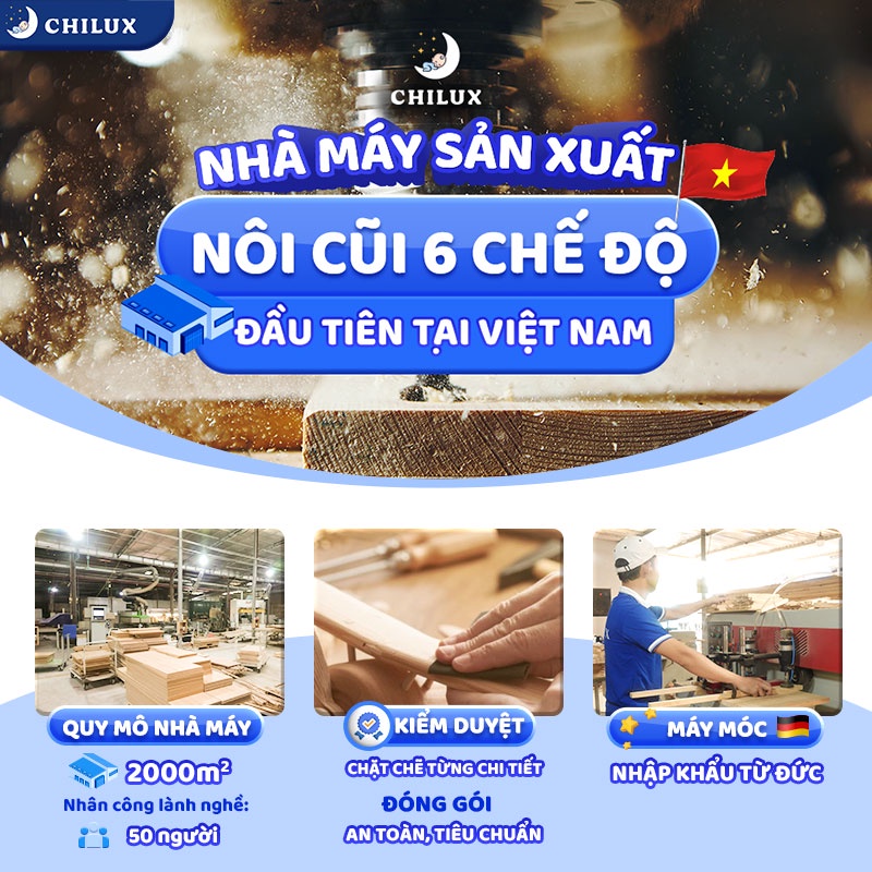 Nôi cũi gỗ cho bé Chilux - Sản xuất tại việt nam đa năng 6 chế độ sử dụng đến năm 12 tuổi - Bảo hành 3 năm