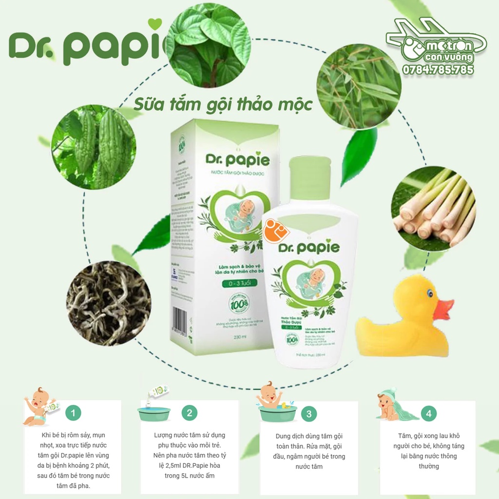 Nước tắm thảo dược Dr.Papie - Sữa tắm cho bé 0-3 tuổi Dr Papie - Chai 200ml