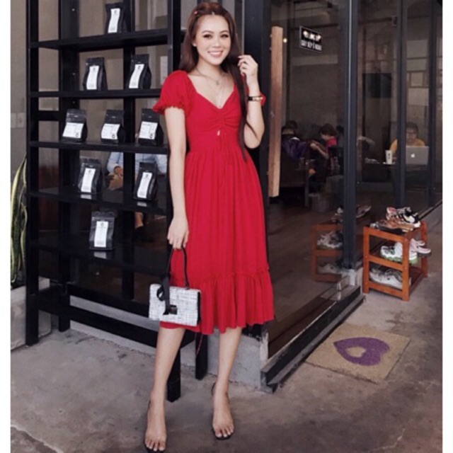 ĐẦM CỔ V lai bèo nhún ngực xd