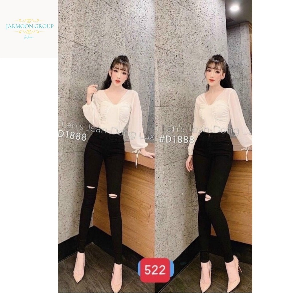 Quần jean Nữ Lưng Cao AD522JM Quần Bò Nữ Đen Rách Lưng Siêu Cao Tôn Dáng 5 Nút Chuẩn Skinny (SIZE26 - 30)