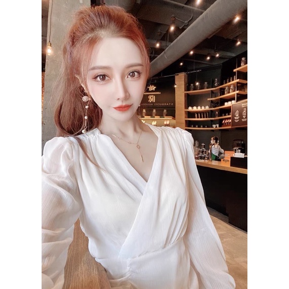 Váy voan trắng cổ V, đầm nhún bèo đuôi cá điệu đà Hàn Quốc mùa hè