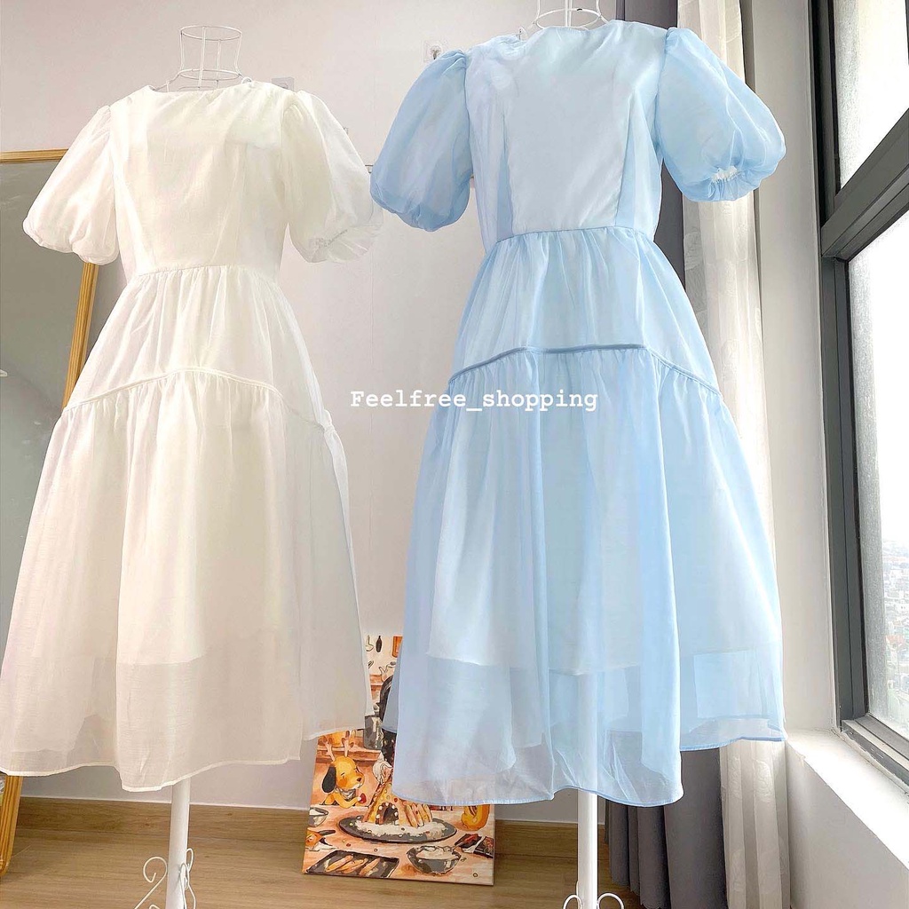 Đầm Dáng Dài Tay Xoè Cổ Vuông Hai Lớp Mặc Đi Tiệc, Đi Chơi, Kỷ Yếu (Hình Thật)