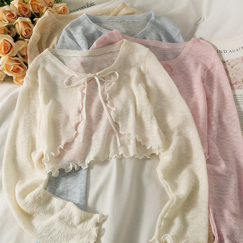 NUZIRO  Áo cardigan  mỏng che nắng dáng ngắn cổ thắt nơ phong cách Pháp màu sắc xuyên thấu thời trang cho nữ