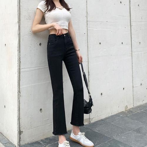 Quần jean ống loe nữ lưng cao, quần bò ống loe nữ màu đen trơn - Mia Shore
