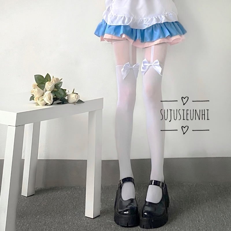 ( 2 màu) quần tất kẻ sọc đùi đính nơ lolita