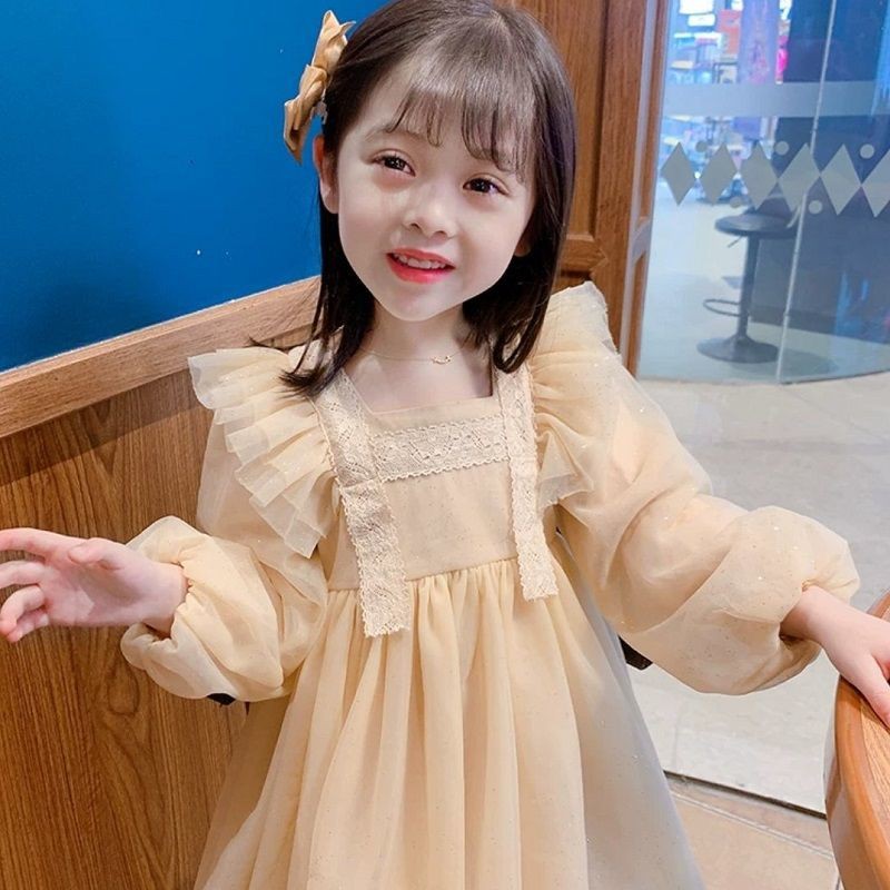 Váy bé gái trang phục mùa thu công chúa lưới phong cách phương tây sành điệu Hàn Quốc mẫu mới 2021 phồng trẻ em liền