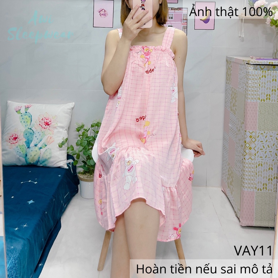 Váy Ngủ 2 Dây Hình Thỏ Rabbit Dễ Thương Chất Satin Mát Lạnh - Awi Sleepwear