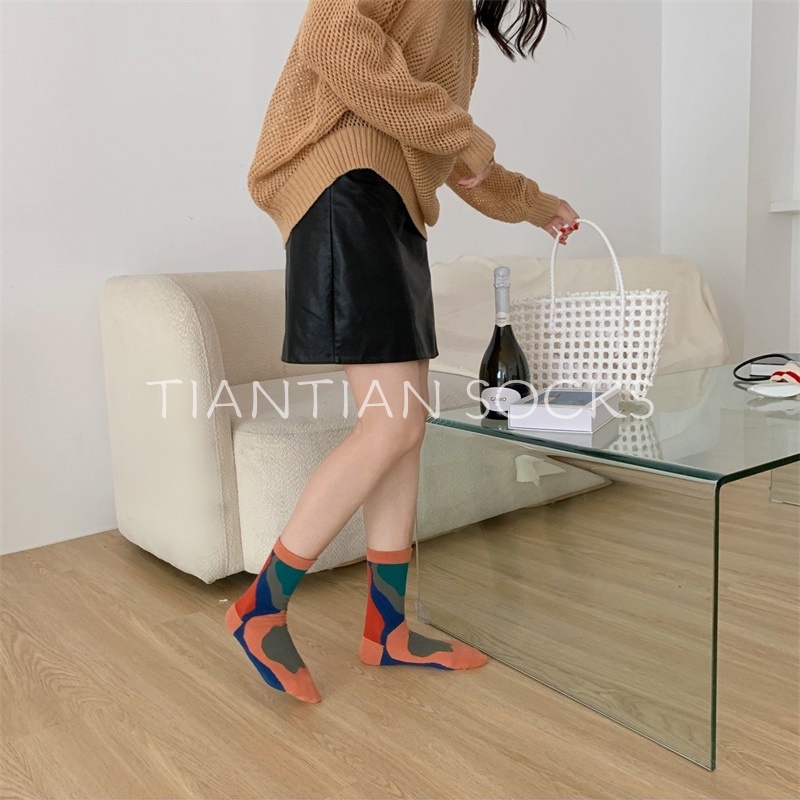 TIANTIAN T182 Tất nữ cao cổ Vớ Cổ Vừa Phối Màu Tương Phản Phong Cách Hip Hop Đường Phố Âu Mỹ Thời Trang Cho Cặp Đôi