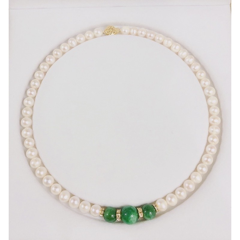 Chuỗi đeo cổ hạt trai nước ngọt tự nhiên mix đá xanh size 8.5-9ly