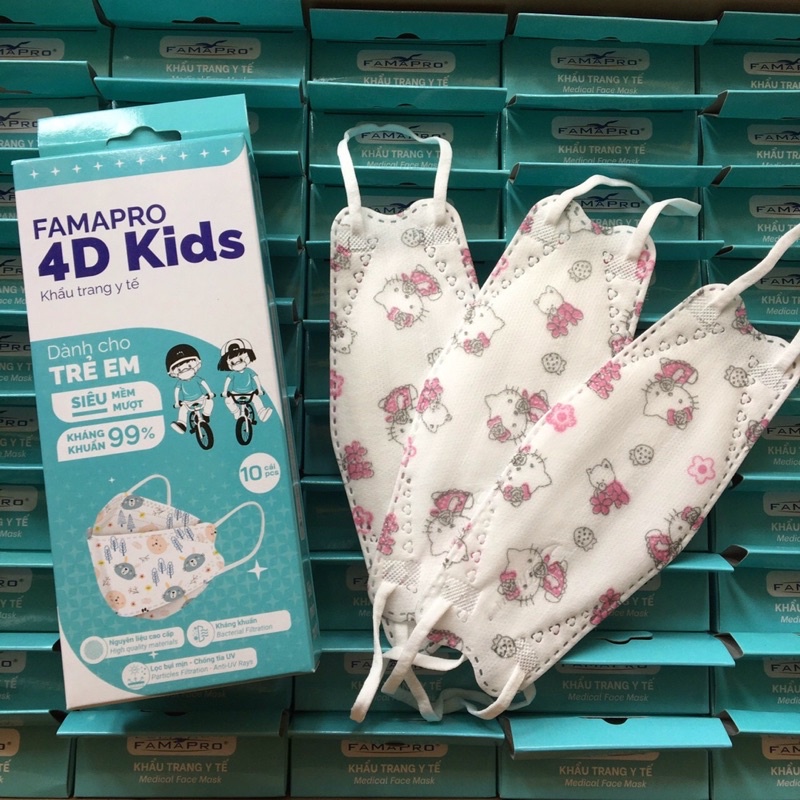 Khẩu trang 4d kids thương hiệu famapro, chính hãng công ty NAM ANH, dành cho bé từ 3-10tuổi