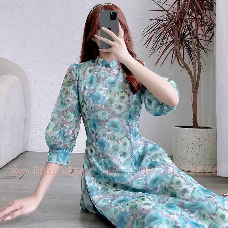 Áo Dài Cách Tân Nữ Voan Hoa Xanh Tay Bồng TK15